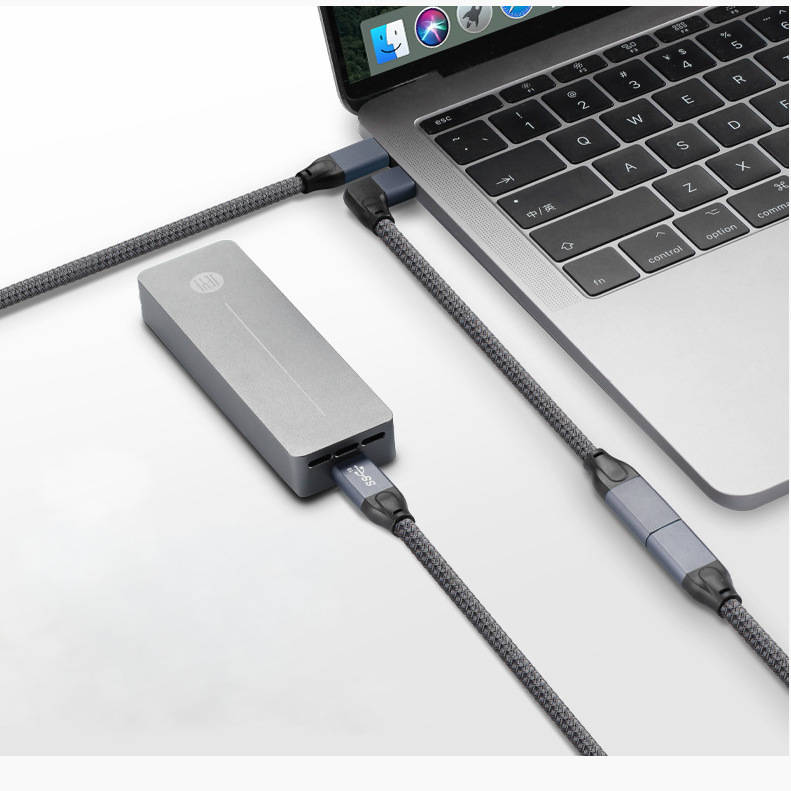 USB 3.1 Gen 2 Kabel 100cm Typ C Stecker zu Buchse geflochten Winkel Grau | System-S