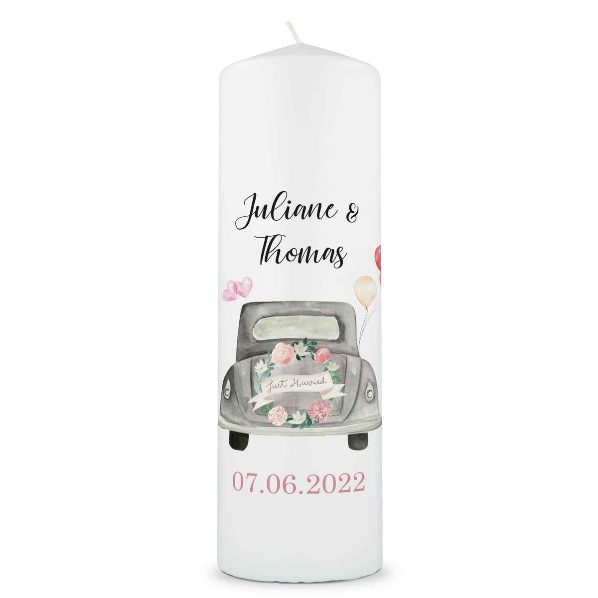 Große Kerze "Just Married" - Hochzeitskerze mit Namen, Datum & Wunschtext