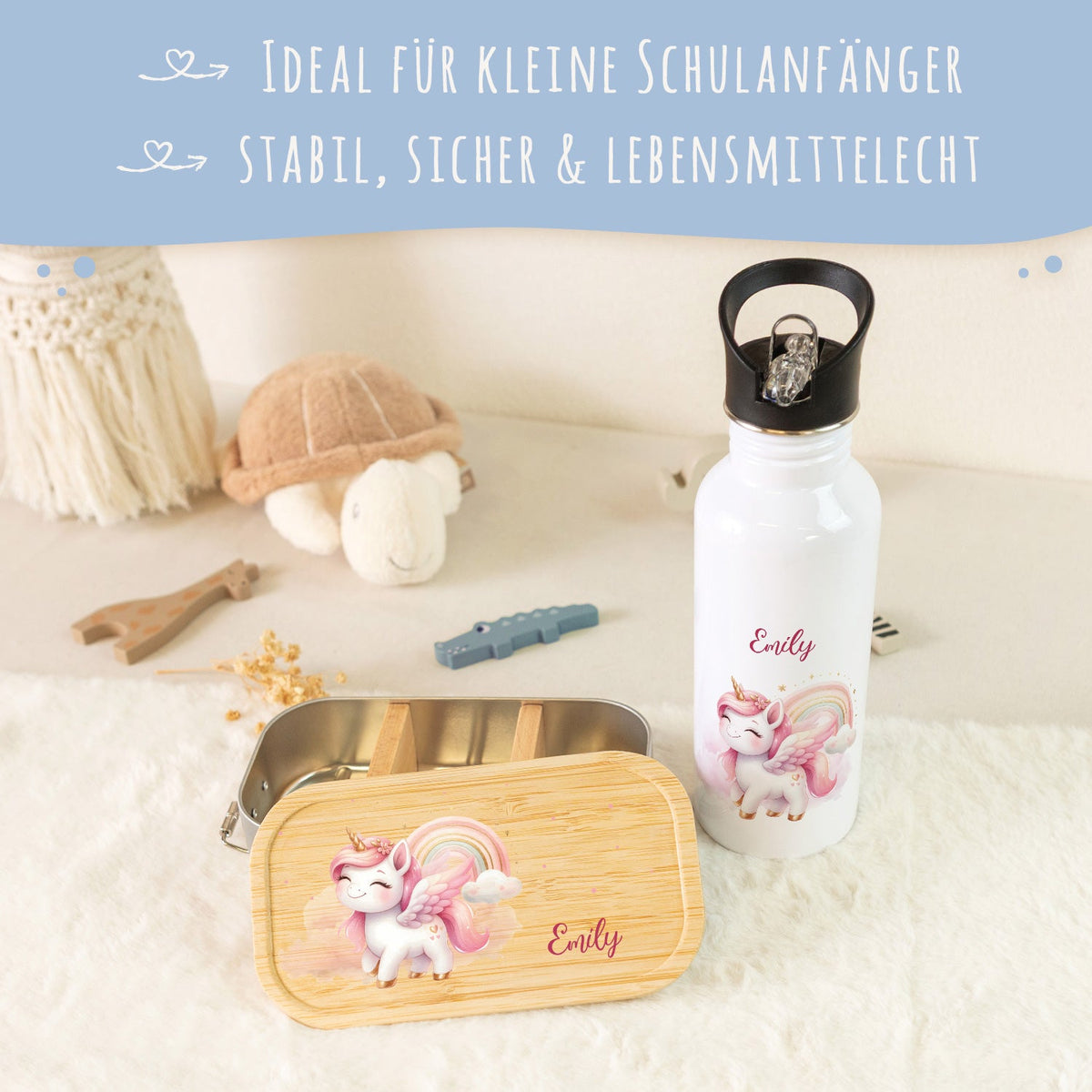 Bedruckte Brotdose & Trinkflasche im Set - Pegasus