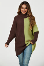 High Neck Half Brown & Green Block Colour Jumper Top