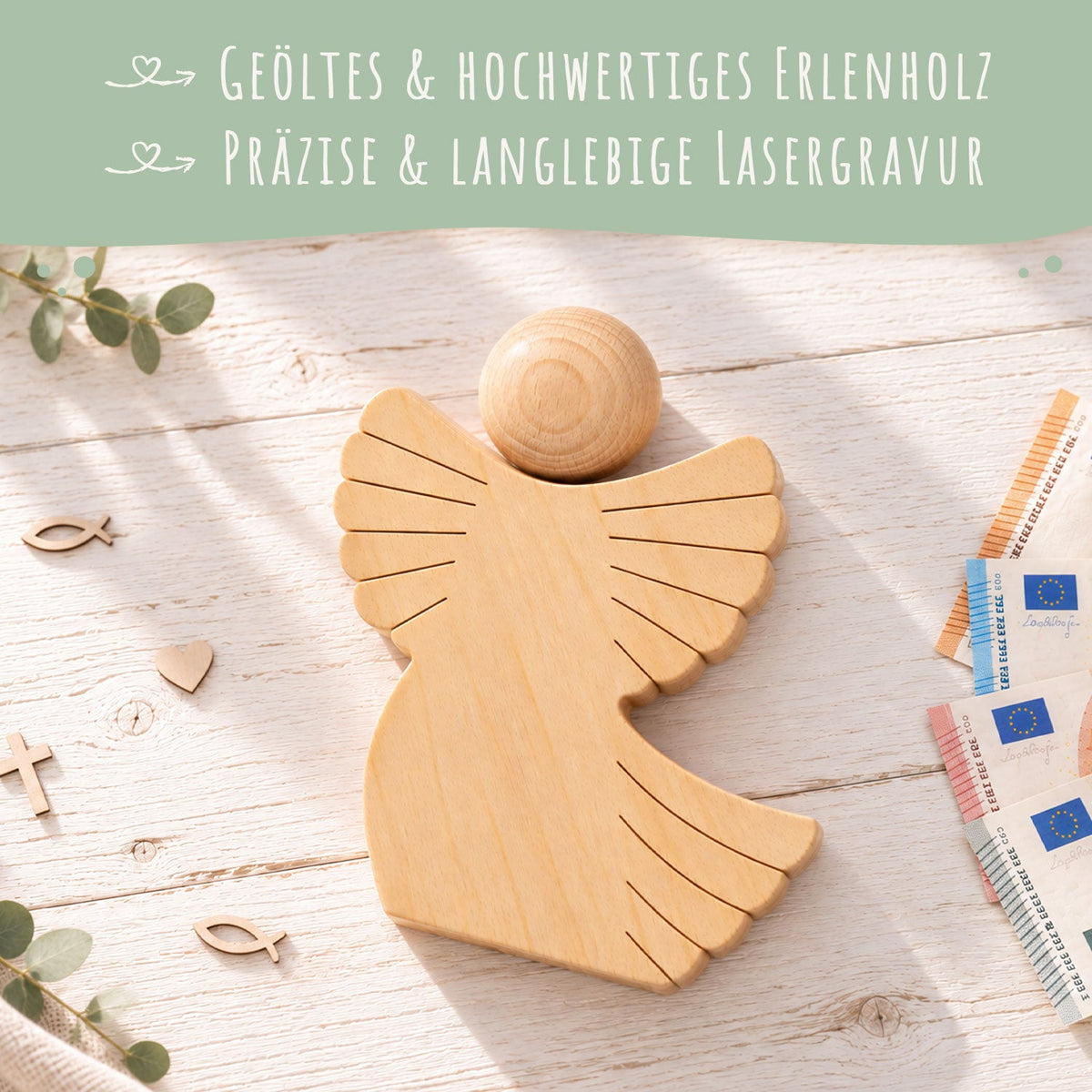 Holzengel mit Namen & Datum – persönliches Geldgeschenk