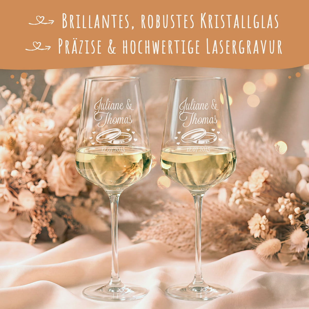 Stölzle Lausitz Weingläser mit Gravur als Set - "Flower Wedding"