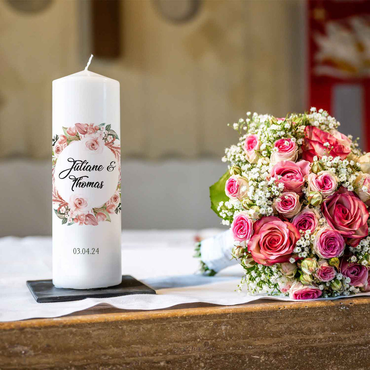 Große Kerze "Floral White" - Hochzeitskerze mit Namen, Datum & Wunschtext