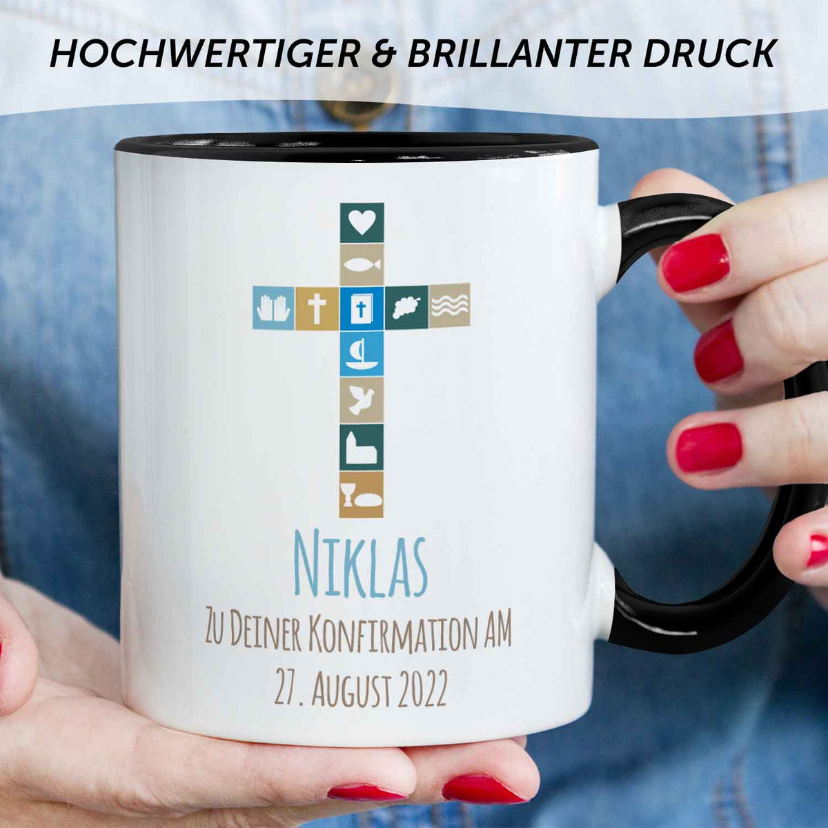Bedruckte Tasse mit Motiv - Zur Konfirmation V2 mit Name & Datum