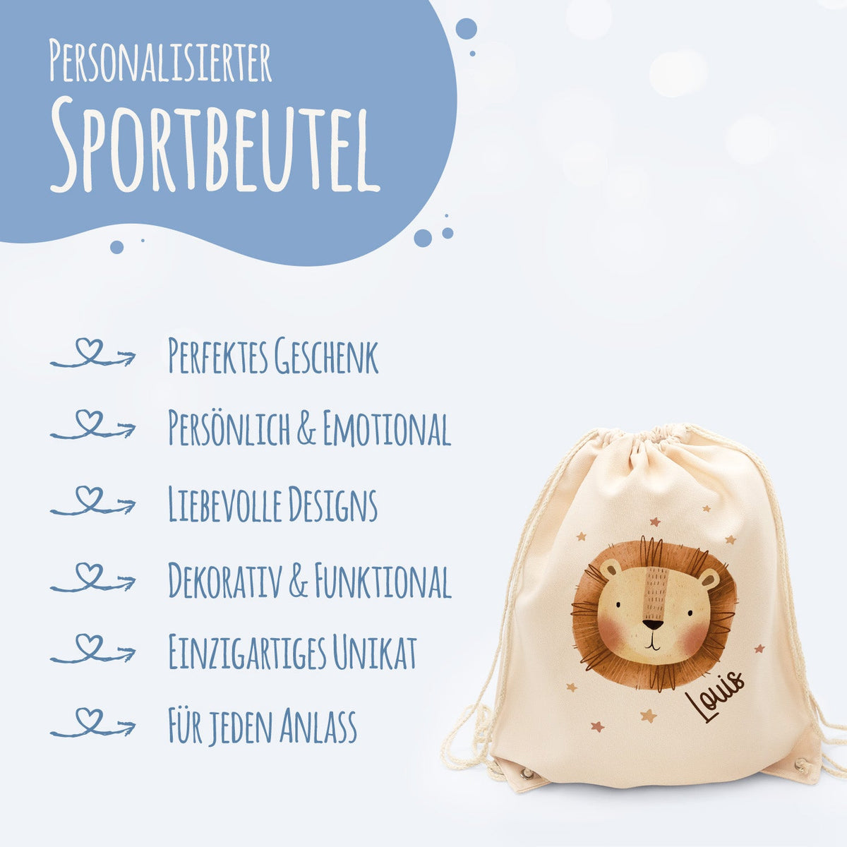 Turnbeutel mit Kindermotiv - Tierköpfe - für Kinder