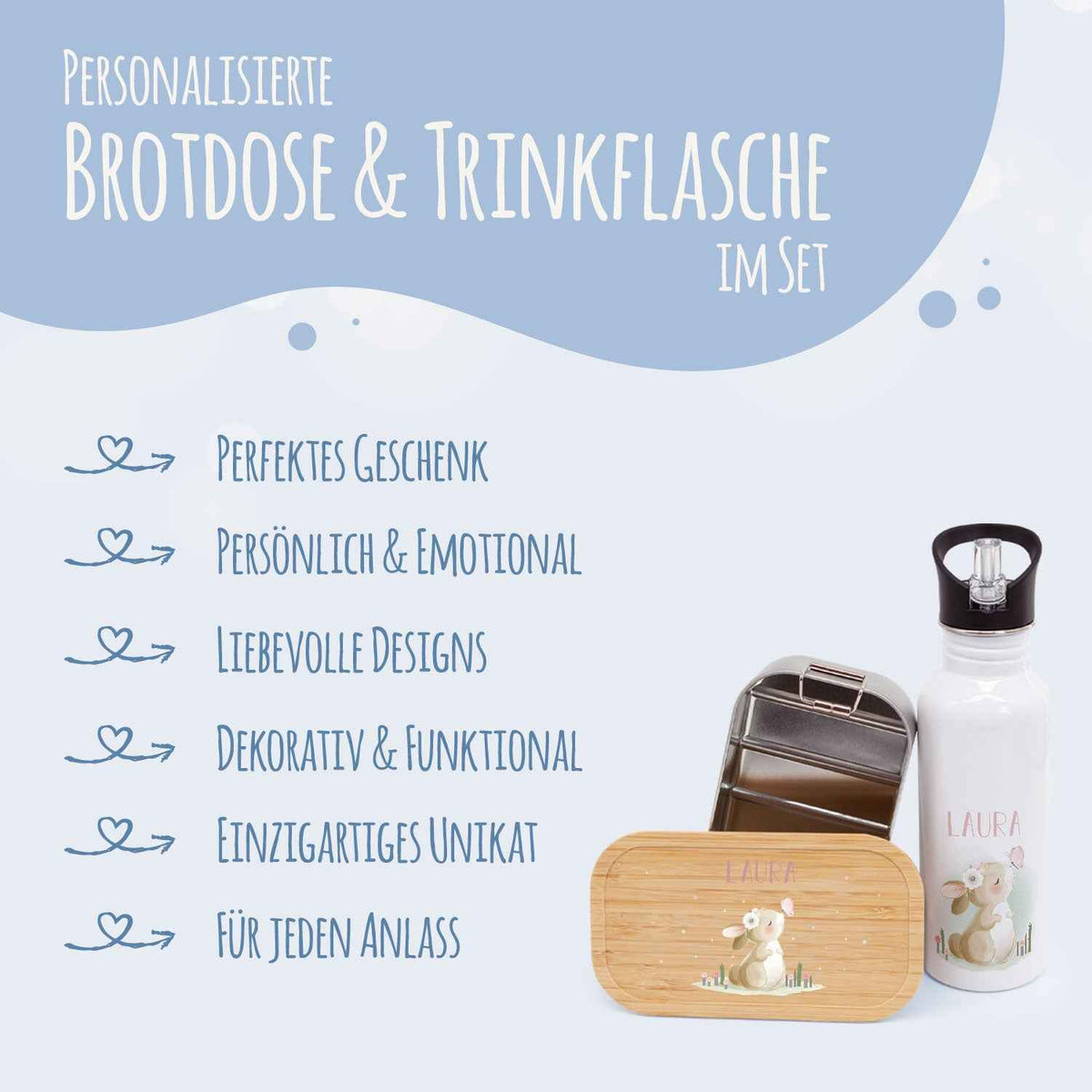 Bedruckte Brotdose & Trinkflasche im Set - Hase