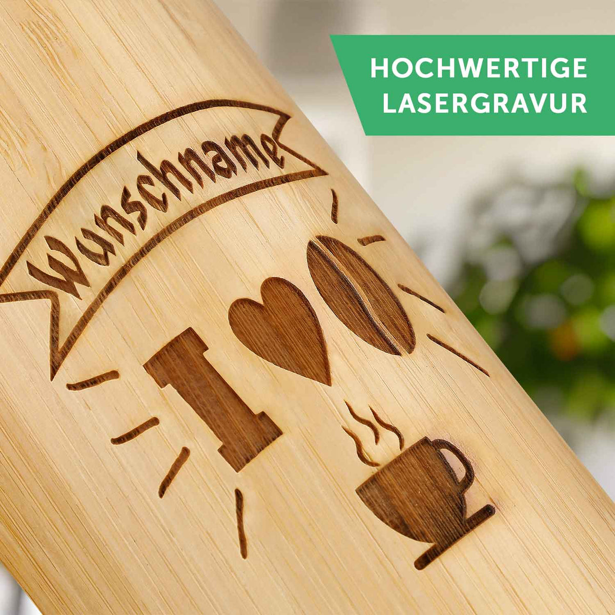 Kaffeebecher aus Bambus mit Gravur - Verschiedene Motive mit eigenem Namen