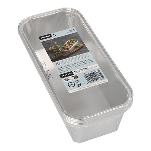 Starpak 5 Kastenformen, Alu eckig 1,09 l 6 cm x 10,2 cm x 23 cm | Schrumpffolie (5 Stück)