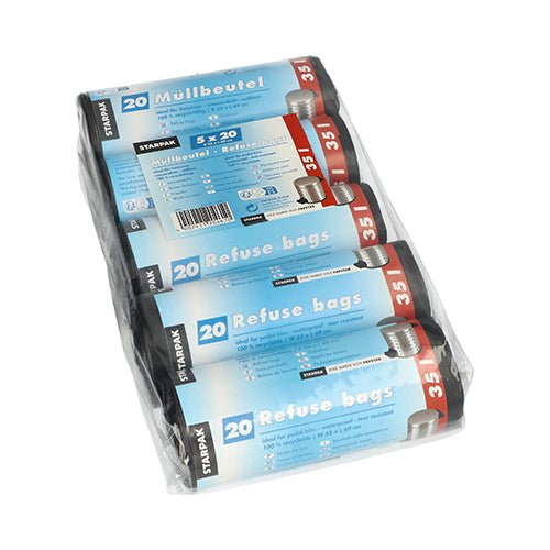 Starpak 100 Müllbeutel, HDPE 35 l 69 cm x 55 cm schwarz | Karton (5 Rollen)