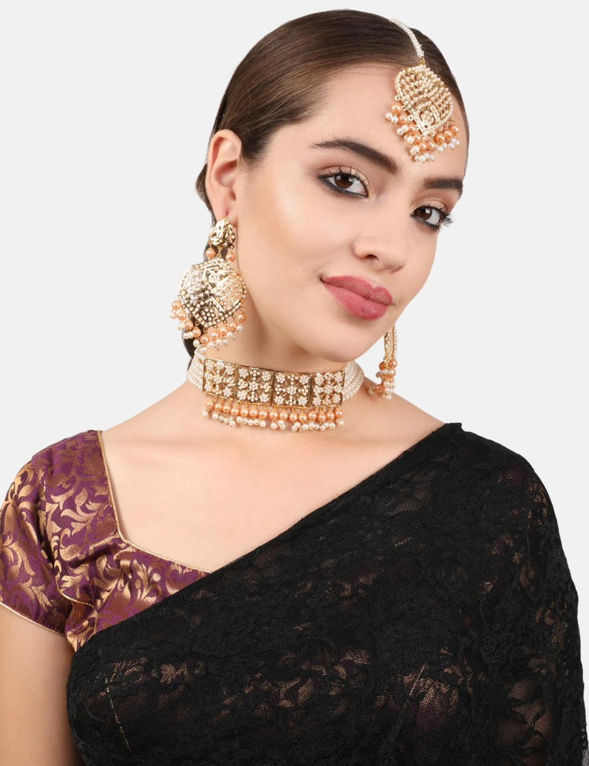 Gold-Plated White & Peach-Coloured Pearl Beaded Jewellery Set