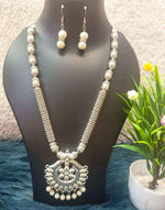 Silver-Plated Stone-Beaded Oxidized Necklace & Earrings Set