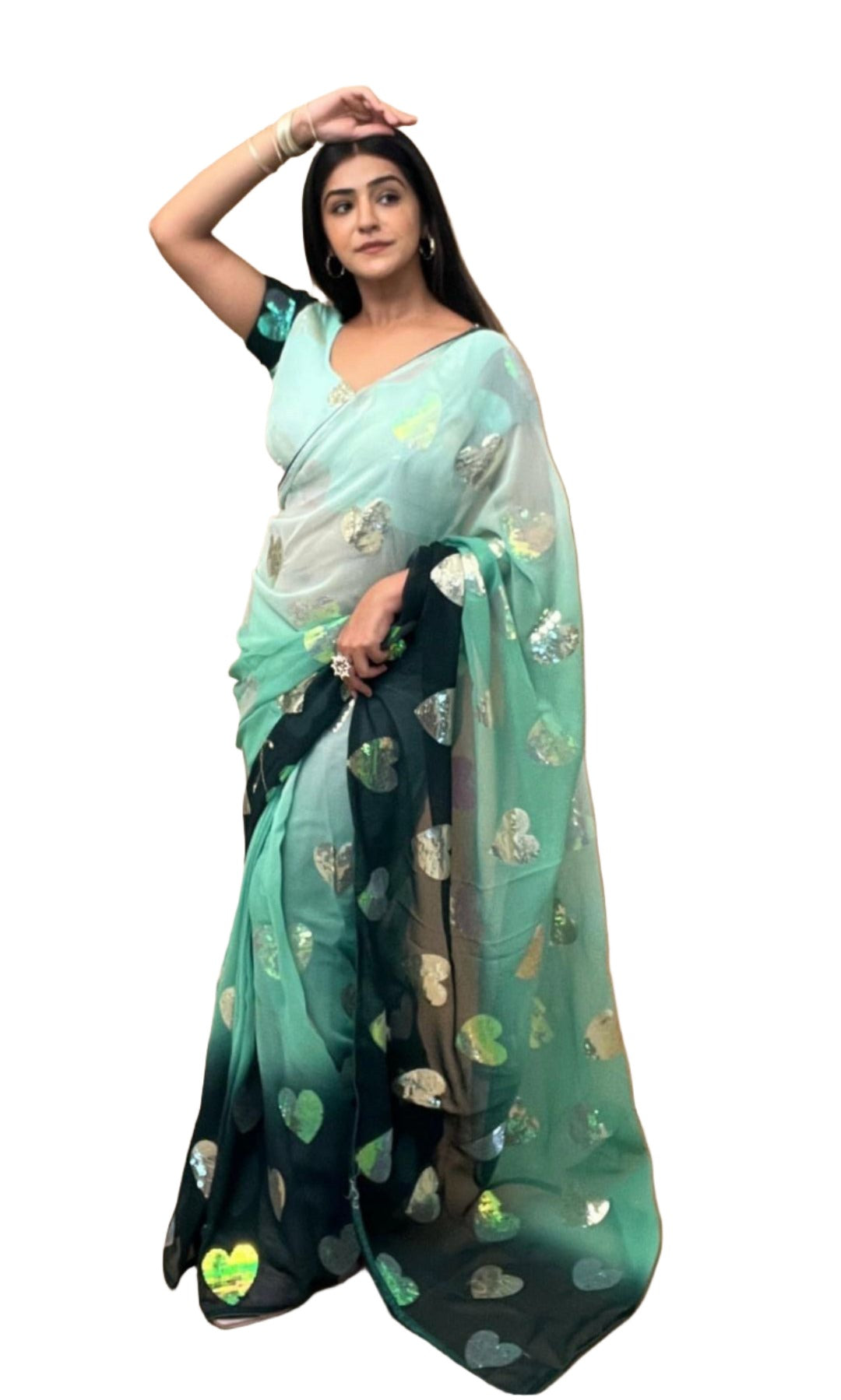 Women's Georgette Saree in Green with unstitched