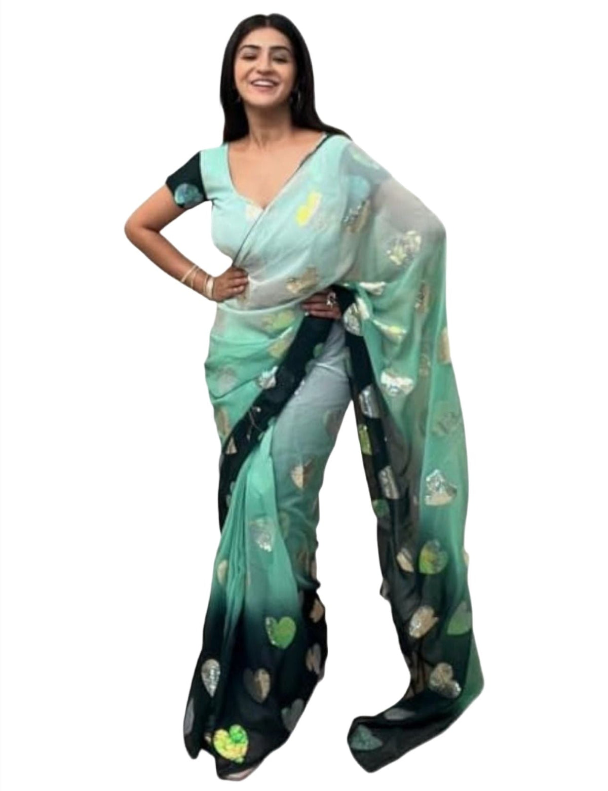 Women's Georgette Saree in Green with unstitched