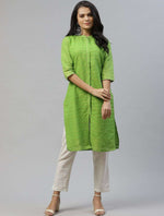 Women Green & Golden Striped Dobby Kurta