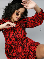 Fiery Red and Black Animal Printed A-Line Dress
