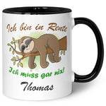 Bedruckte Tasse Faultier in Rente - Personalisiert mit Name