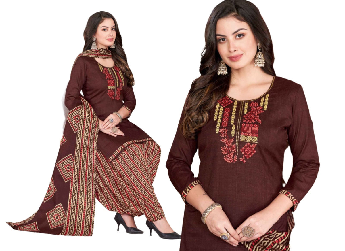 Women Printed Thread Work Pure Cotton Kurta with Patiala & With Dupatta
