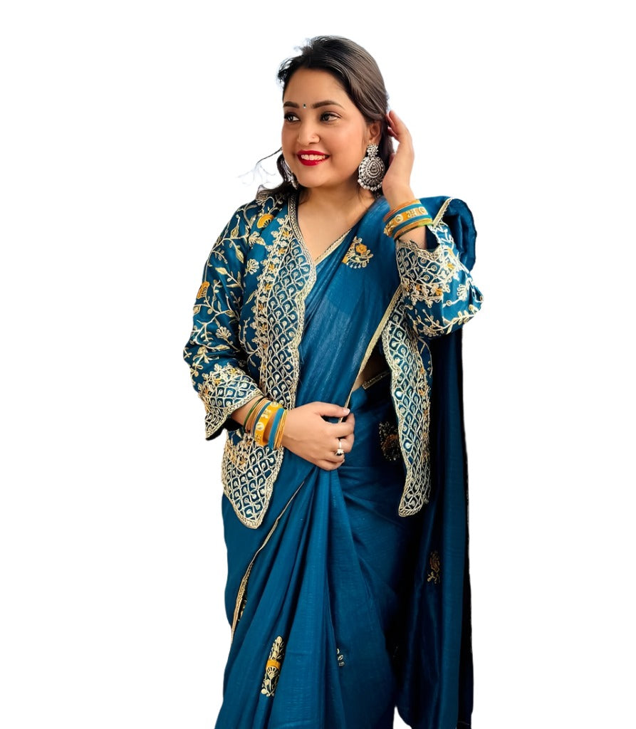 New Super Trending Embroidery cording work ready to wear saree with full koti