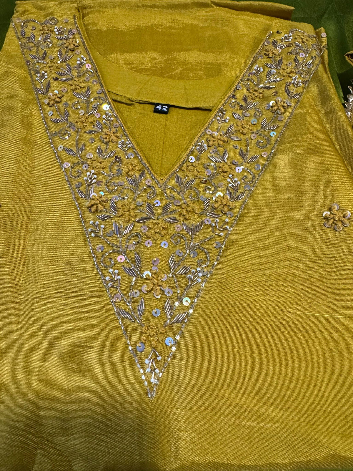 Mustard yellow Dola silk Handwork kurti dupatta bottom set