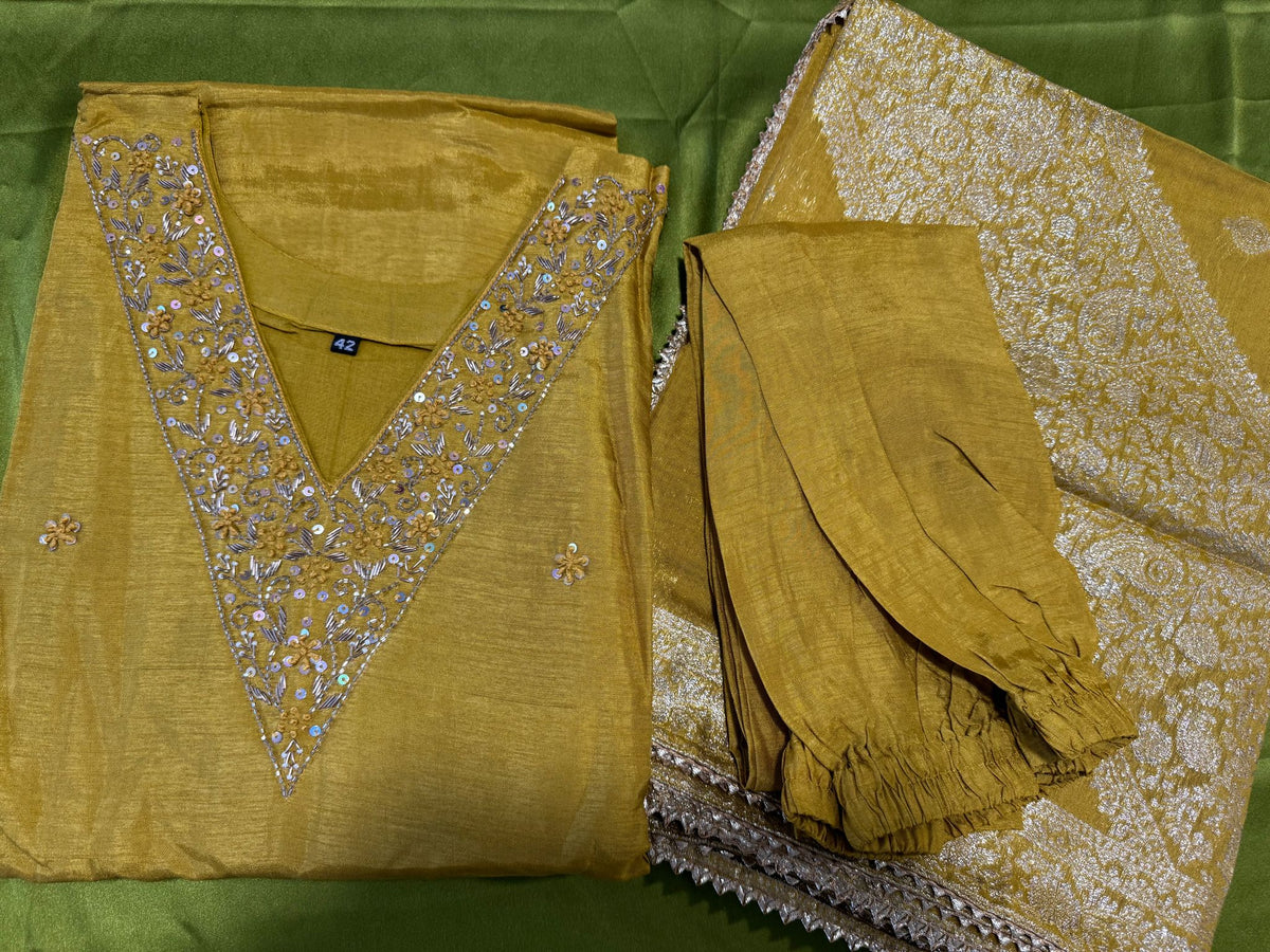 Mustard yellow Dola silk Handwork kurti dupatta bottom set