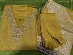 Mustard yellow Dola silk Handwork kurti dupatta bottom set