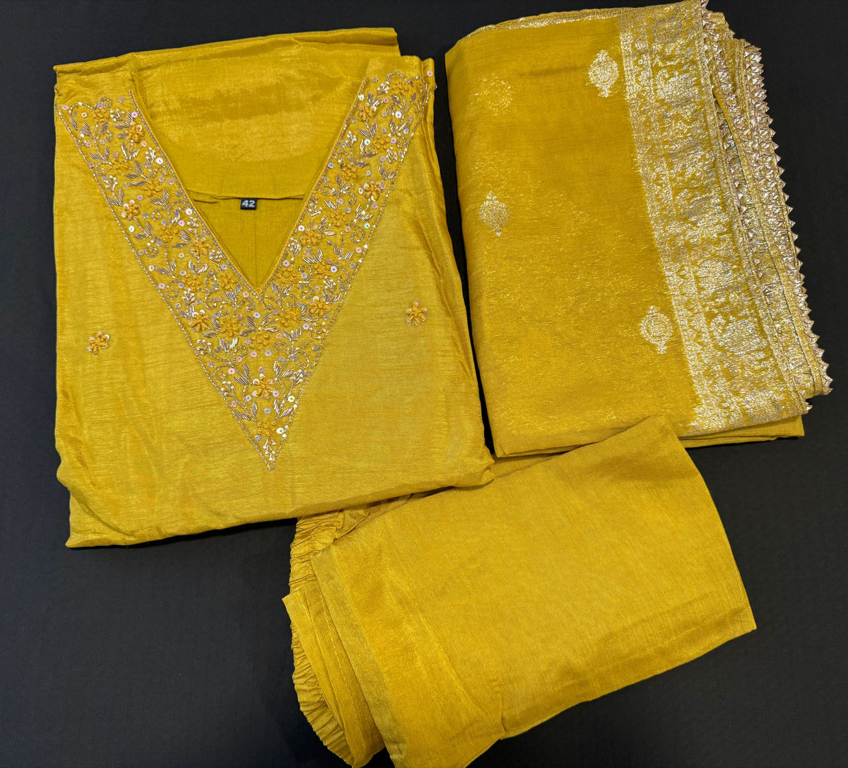Mustard yellow Dola silk Handwork kurti dupatta bottom set