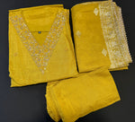 Mustard yellow Dola silk Handwork kurti dupatta bottom set