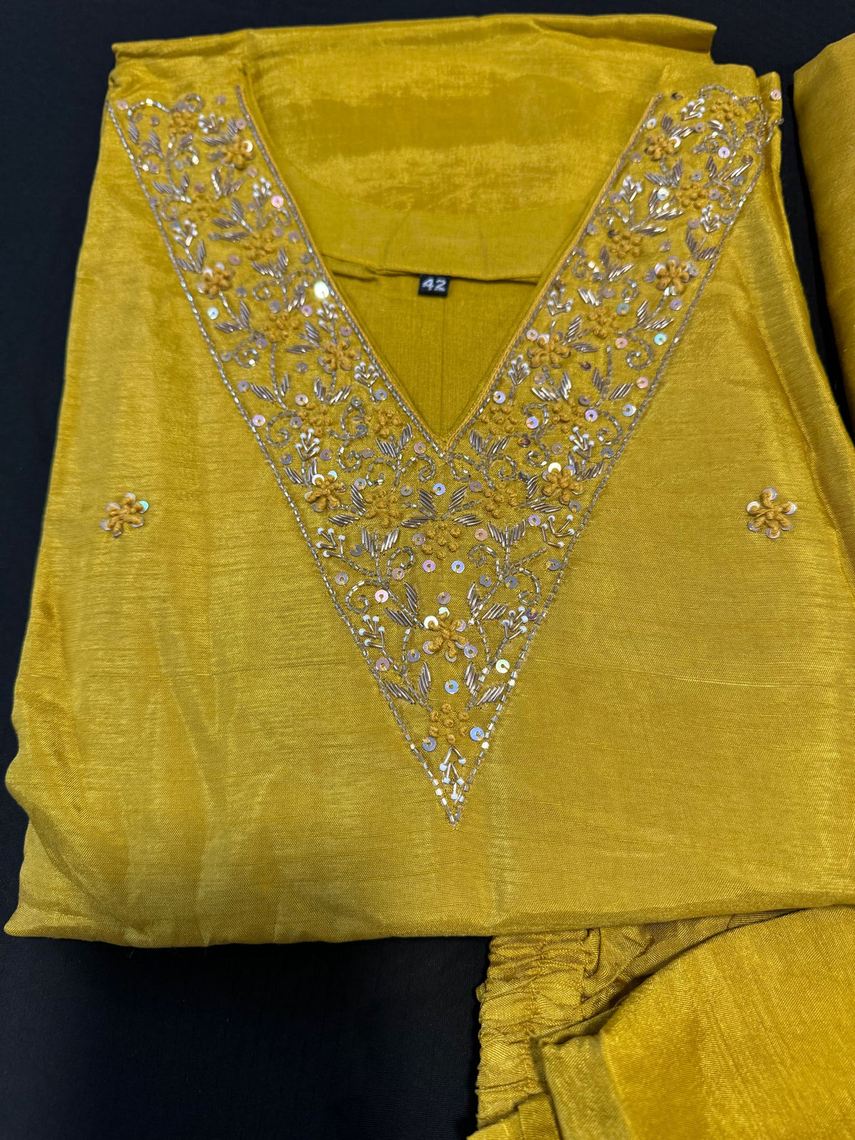 Mustard yellow Dola silk Handwork kurti dupatta bottom set