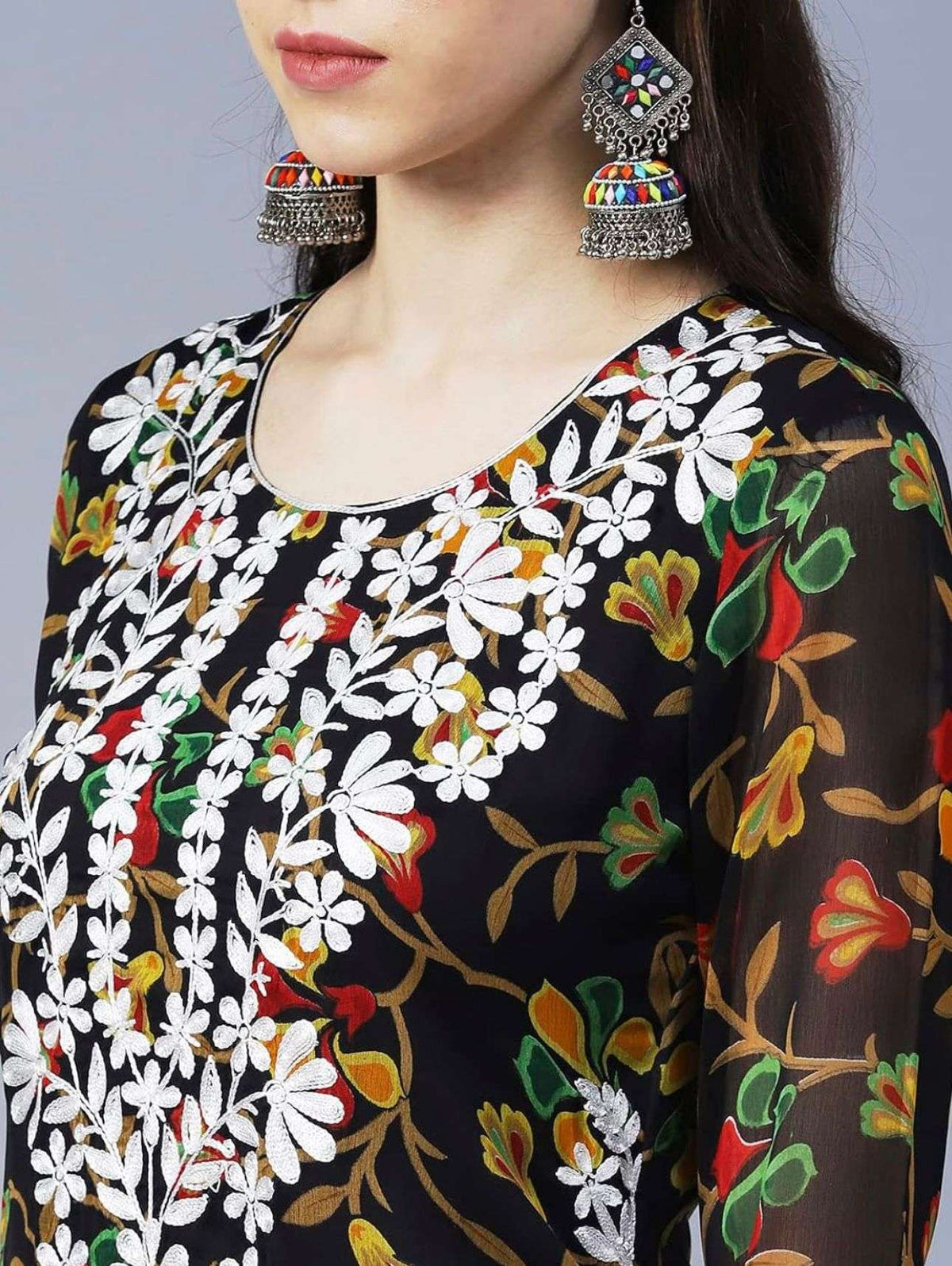 Floral Printed Georgette Chikankari Embroidery Kurti