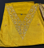Mustard yellow Dola silk Handwork kurti dupatta bottom set