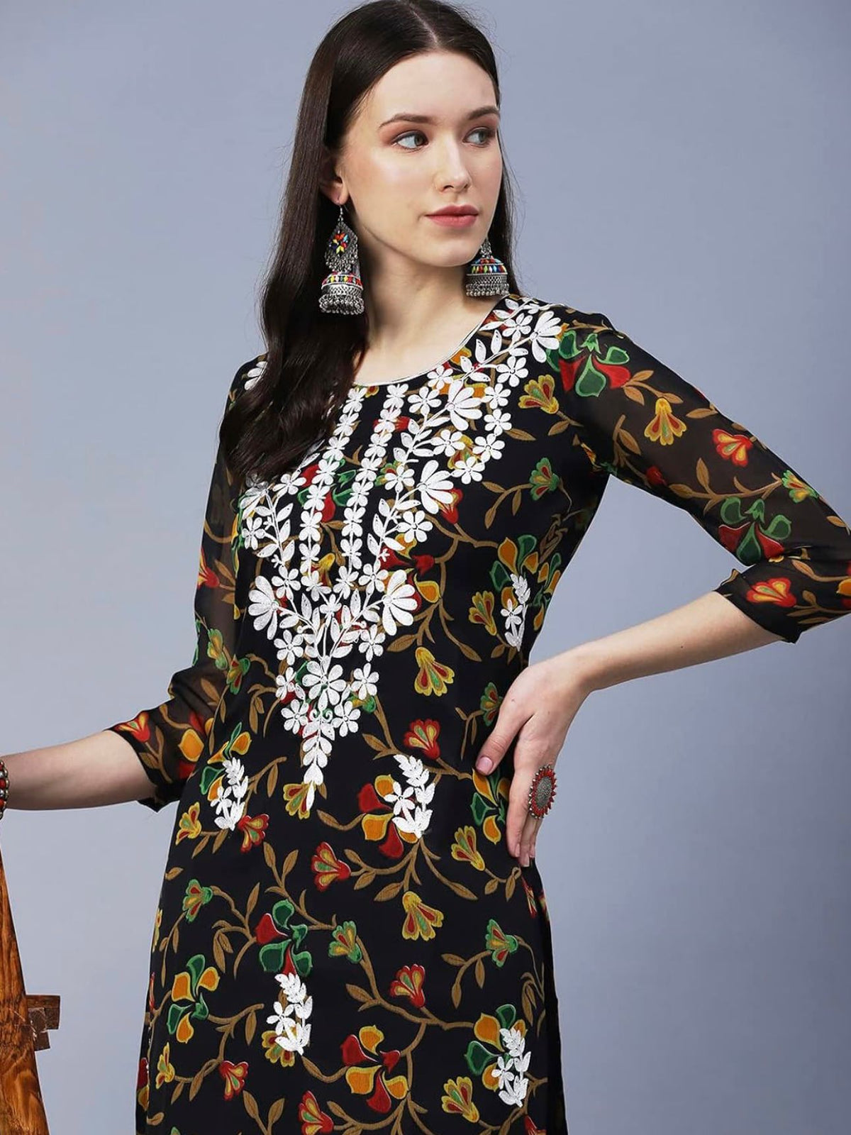 Floral Printed Georgette Chikankari Embroidery Kurti