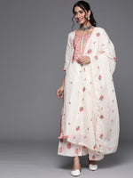 Off White & Pink Cotton Floral Thread Work Kurta with Palazzos & Dupatta