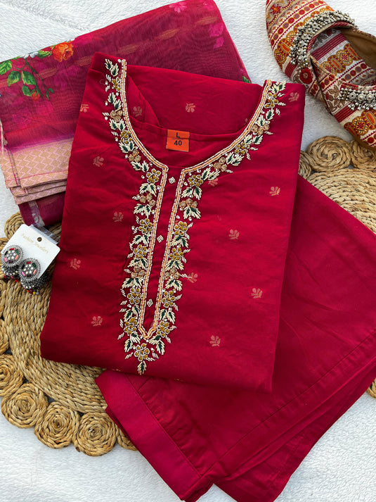 Handwork Banarasi Jacquard Silk Kurta Dupatta Bottom Set