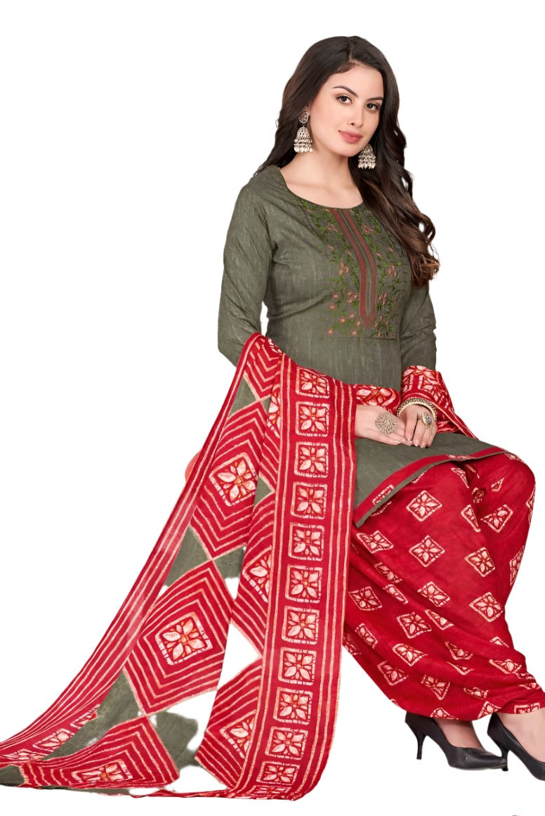 Women Printed Thread Work Pure Cotton Kurta with Patiala & With Dupatta