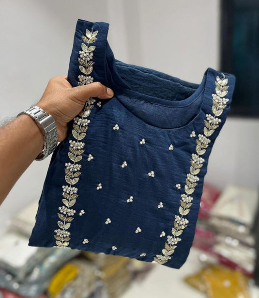 Handwork at Neck gotta Patti Pearl Dola Silk Kurta Dupatta Bottom Set