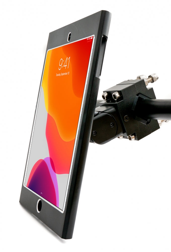 Stangen Halterung mit Schloss Befestigung aus Metall in Schwarz für iPad Mini | System-S