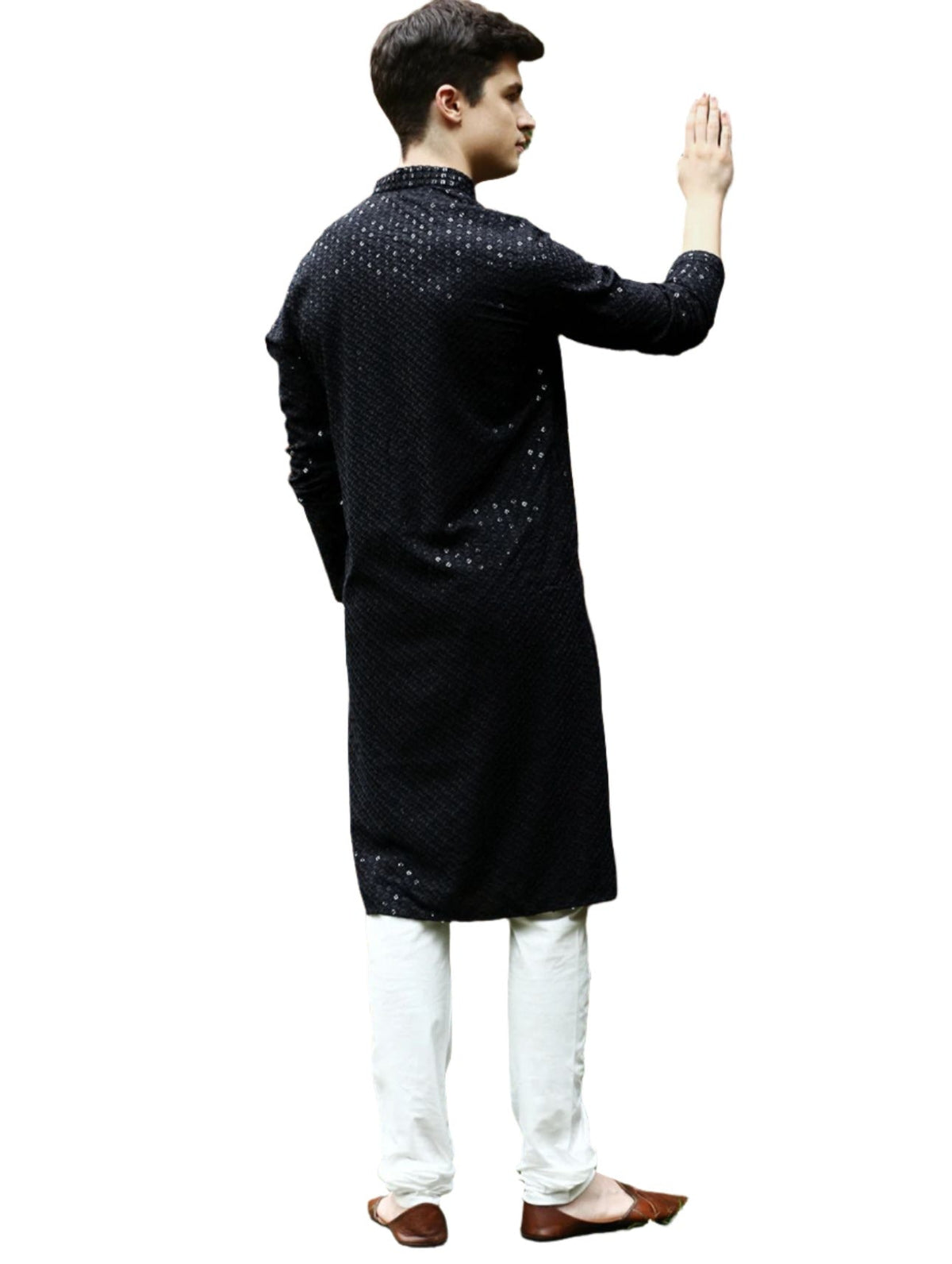 Men's Kurta Churidar with Embroidery Cotton Rayon Black