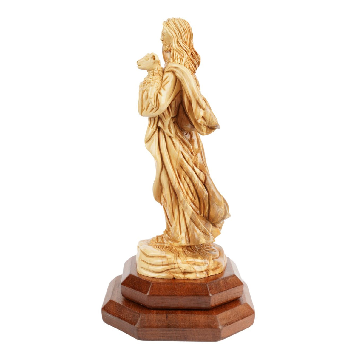 Der Gute Hirte aus Olivenholz – Handgeschnitzte Jesusfigur mit Lamm (26,5 cm)