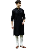 Men's Kurta Churidar with Embroidery Cotton Rayon Black
