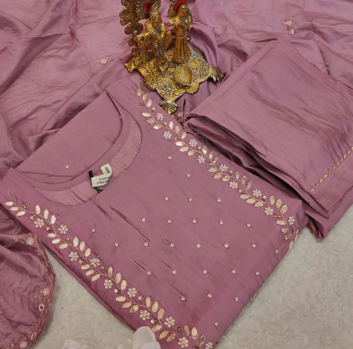 Handwork at Neck gotta Patti Pearl Dola Silk Kurta Dupatta Bottom Set