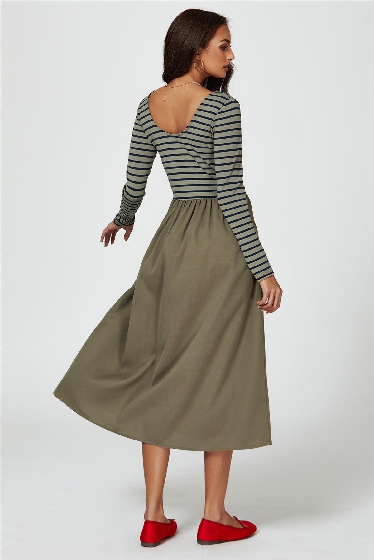 Long Sleeve Stripe Midi Dress In Olive