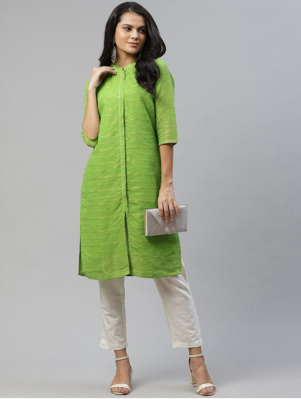 Women Green & Golden Striped Dobby Kurta