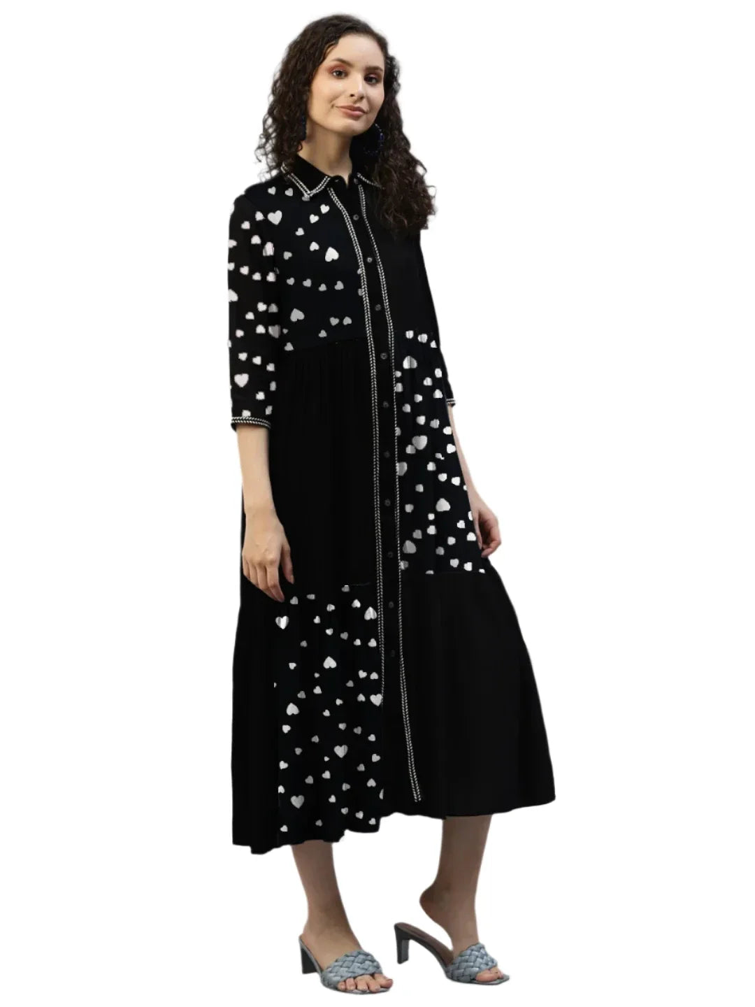 Black Color Blocked Heart Printed Women'S Shirt Dress in Germany