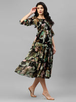 Black Multi Colour Printed Chiffon Smocked Tiered Dress in Germany