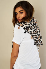 Leopard Print Tassel Scarf In Beige