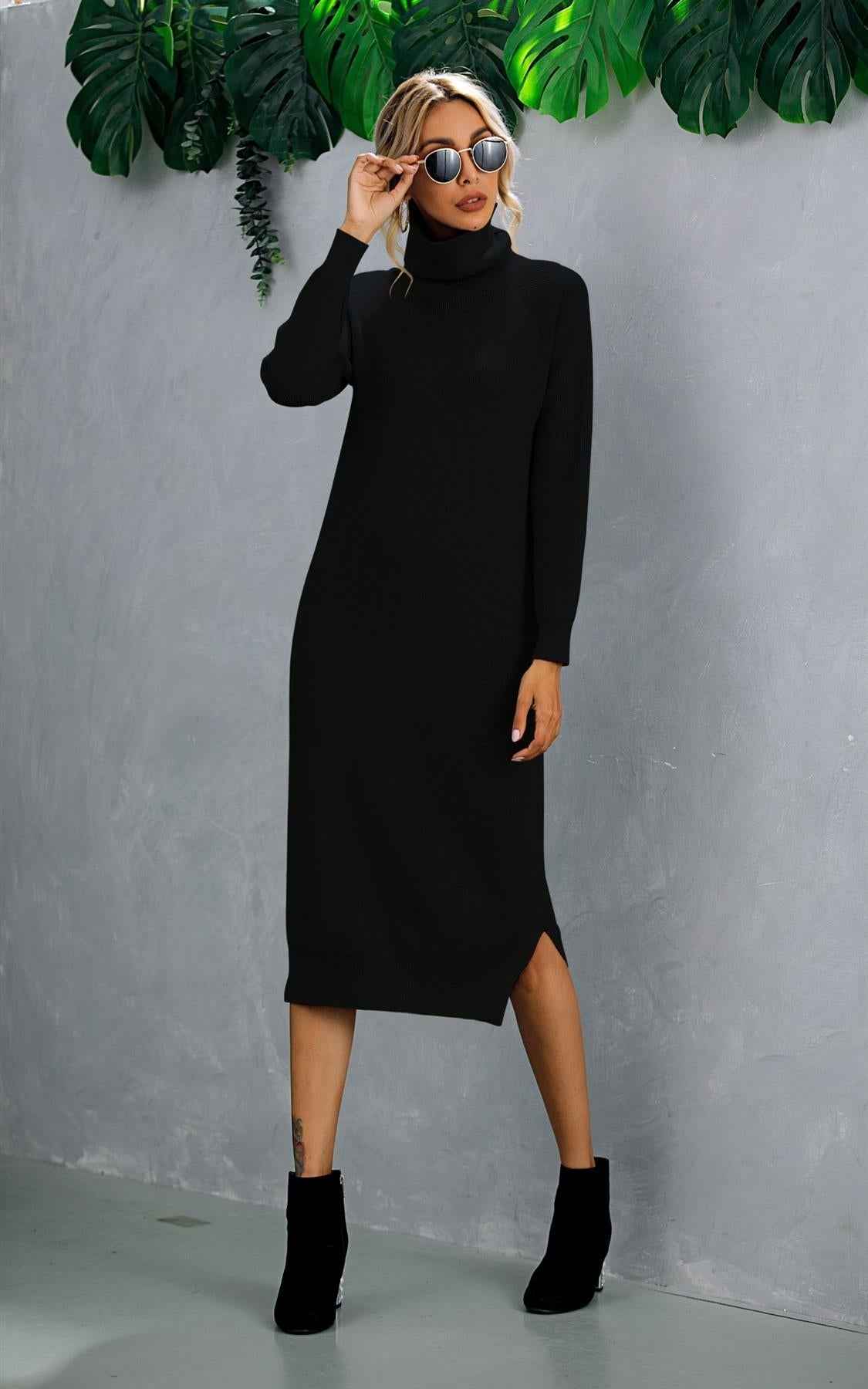 Wool Blended Jumper Dress With High Neck In Black
