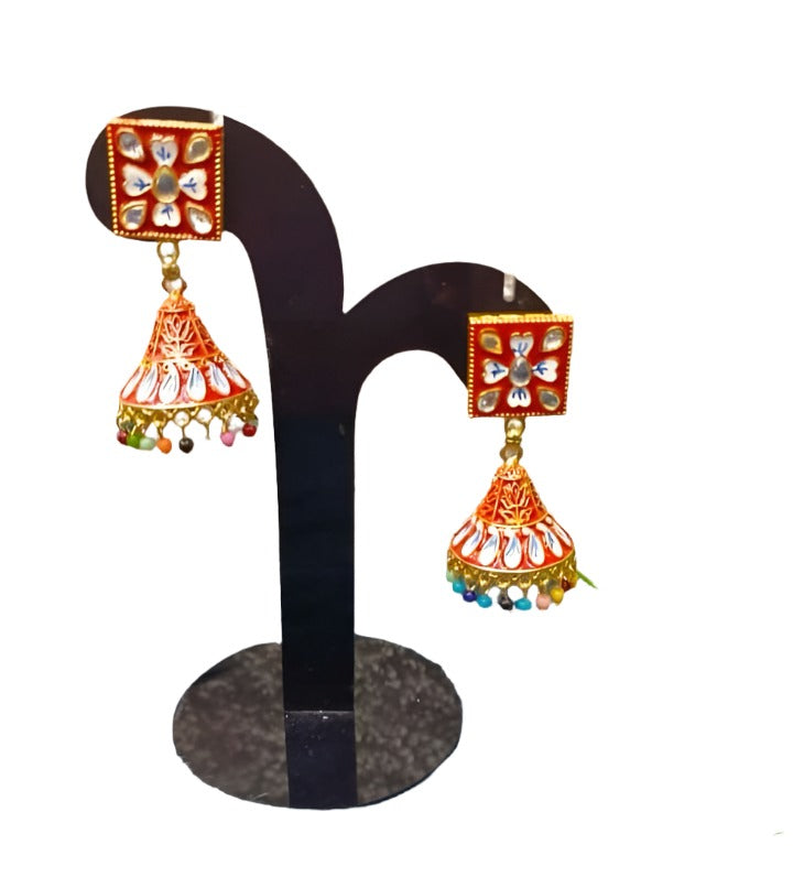 Jhumkas Meenakari Dome Kundan Earrings