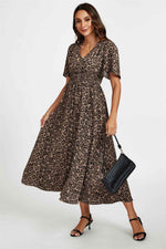 Leopard Print V Neck Midi Dress In Brown