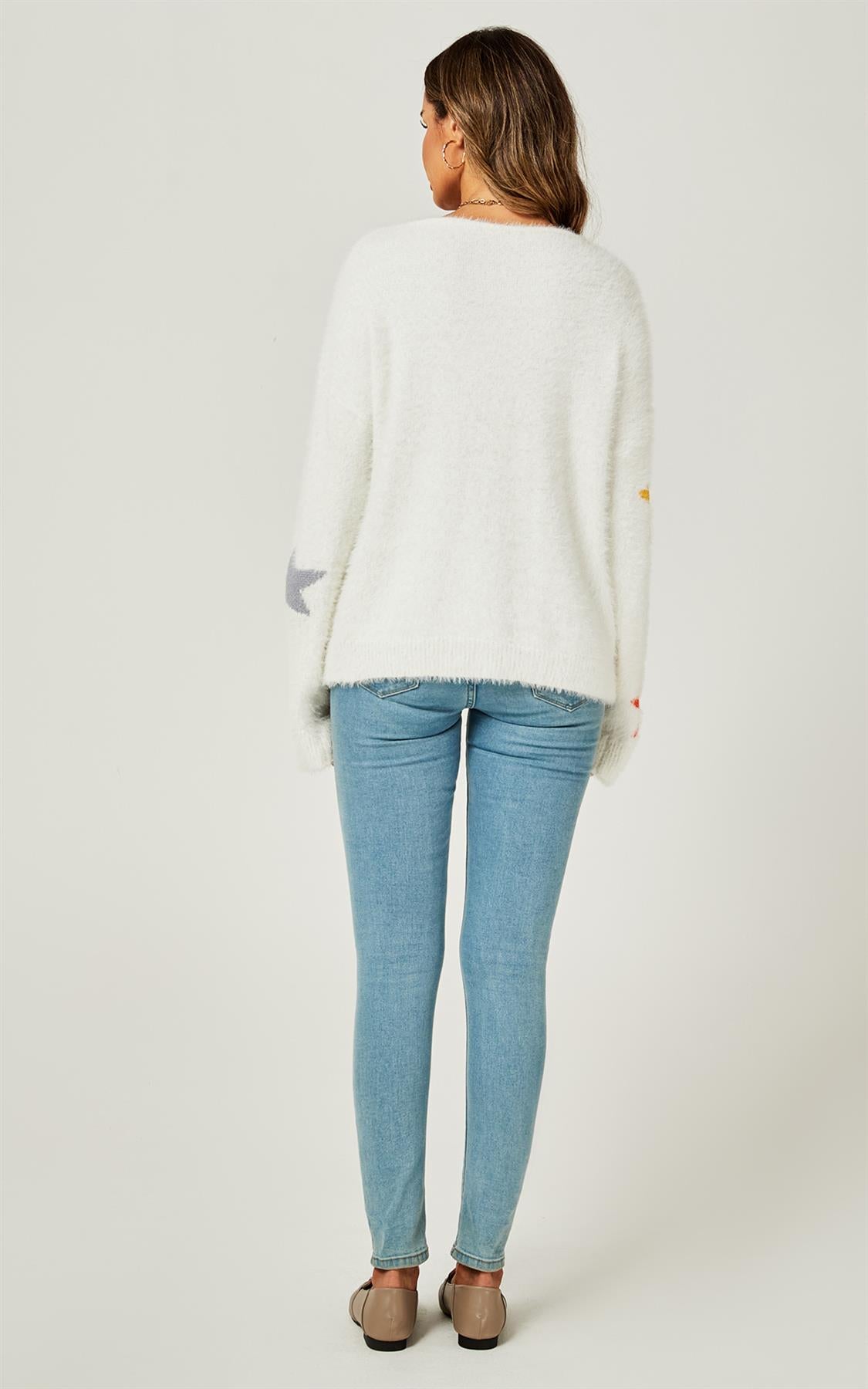Relaxed Soft Comfy V Neck White Star Pattern Jumper Top In White