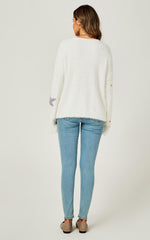 Relaxed Soft Comfy V Neck White Star Pattern Jumper Top In White